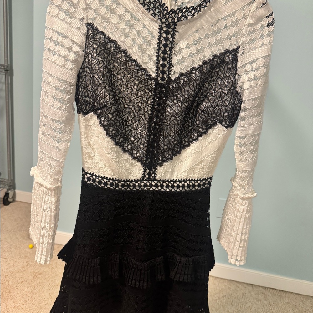 Gianni Bini Black and White Ruffled Tiered Sheath Dress